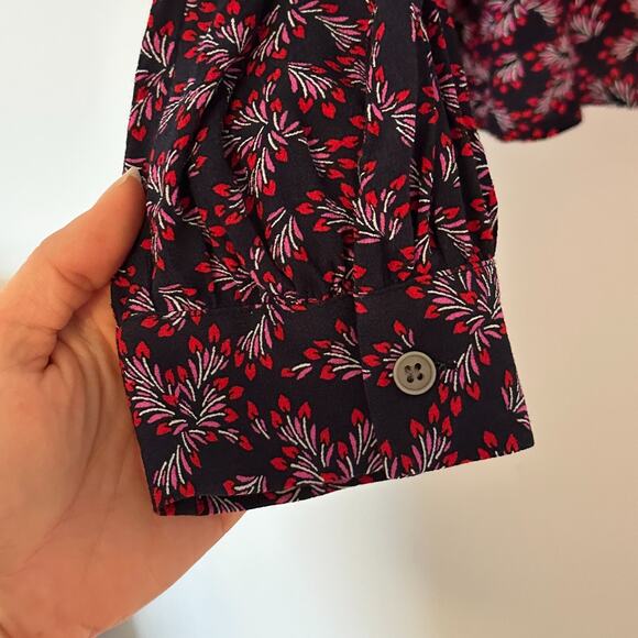 Loft Blouse Womens XL Heart Bouquet Ruffle V-Neck Floral Navy Blue Puff Relaxed - Picture 4 of 11